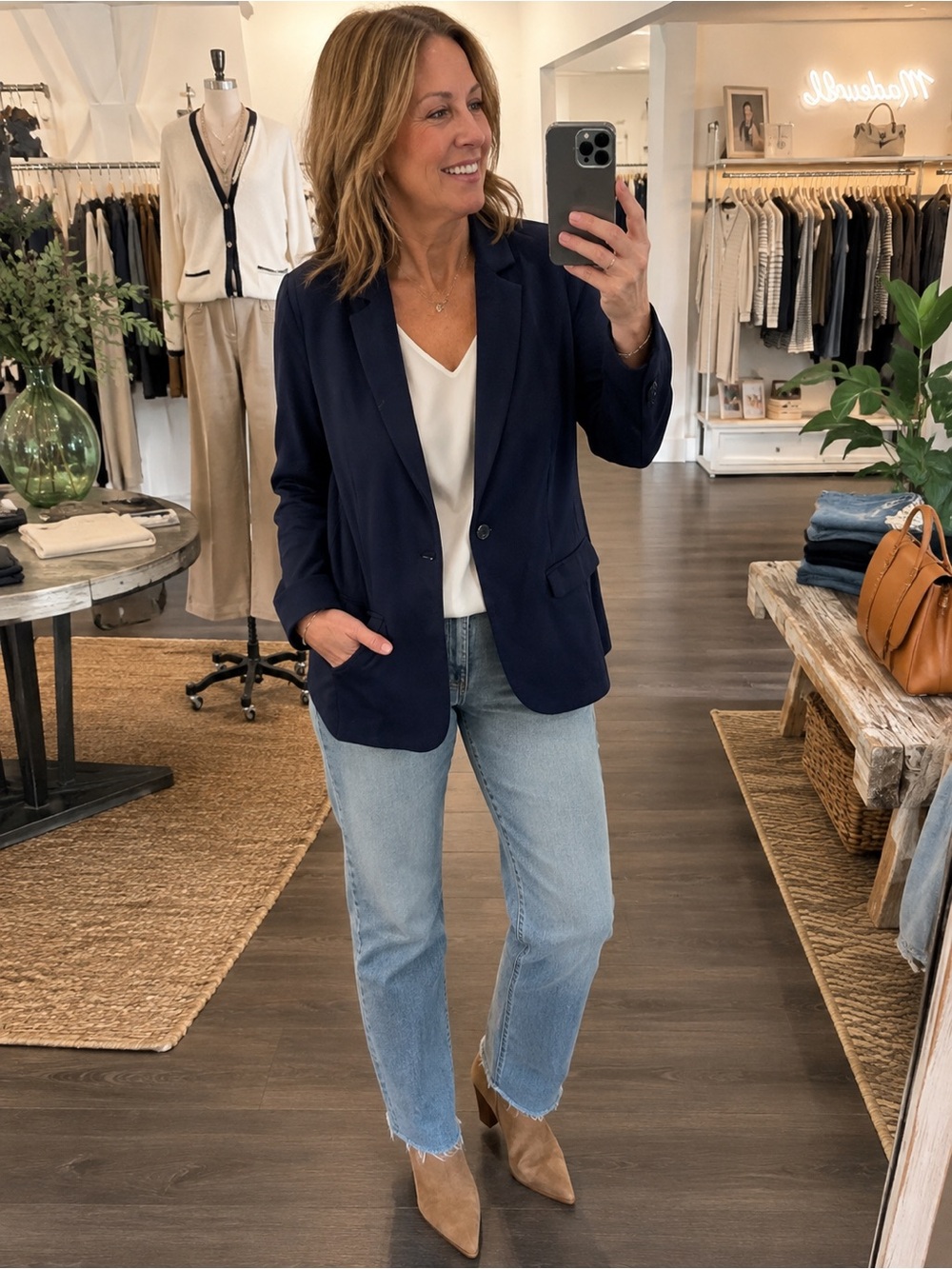 Magaschoni Navy Stretch Knit Blazer Size M Soft One Button Jacket
